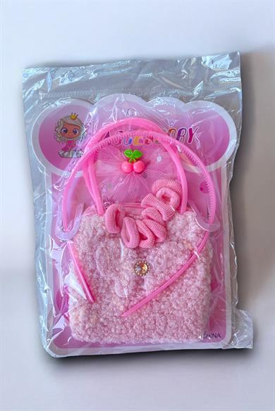 Pembe Renk Çocuk Çanta Toka Taç Set