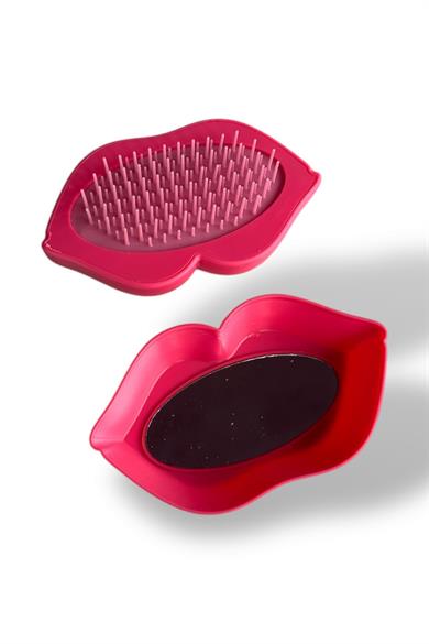 Pembe Renk Dudak Figürlü Çanta Boy Ayna/ Tarak
