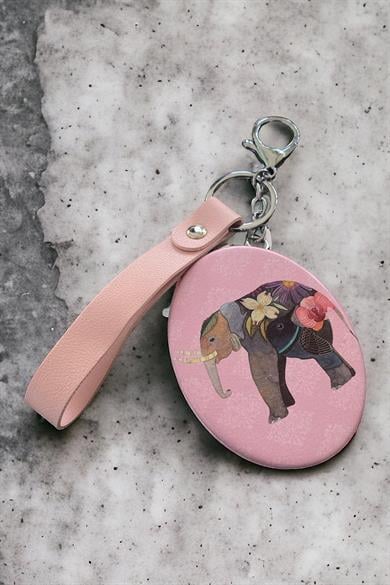 Pembe Renk Fil Figürlü Cep Aynası/ Anahtarlık