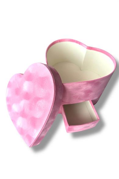 Pembe Renk Kalp Figürlü Çekmece Detaylı Kadife Hediye Kutusu