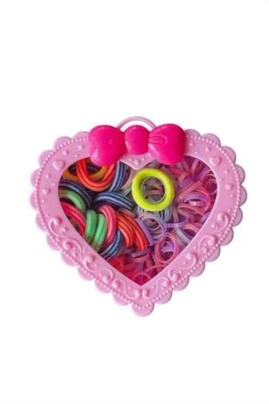 Pembe Renk Kalp Figürlü Kutu Lastik Toka Set