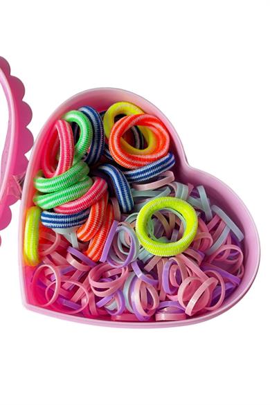 Pembe Renk Kalp Figürlü Kutu Lastik Toka Set