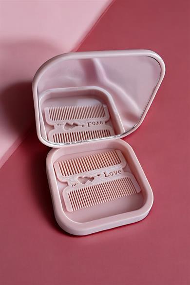 Pembe Renk Karışık Figürlü Tarak / Masa Aynası Set