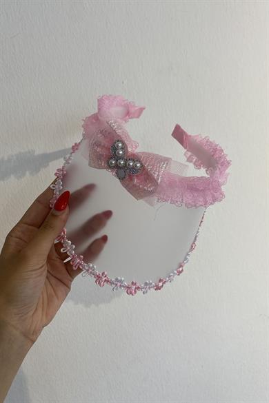 Pembe Renk Kelebek Figürlü İnci Detaylı Taçlı Vizör Şapka