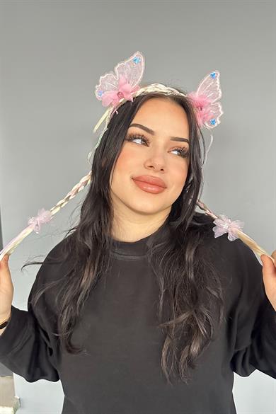 Pembe Renk Kelebek Figürlü Örgü Detaylı Çocuk Taç