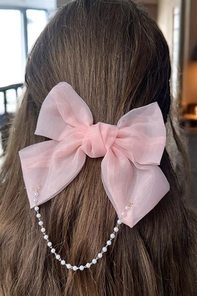 Pembe Renk Kurdele Figürlü İnci Detaylı Otomat Toka