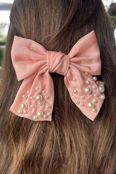 Pembe Renk Kurdele Figürlü İnci Detaylı Otomat Toka