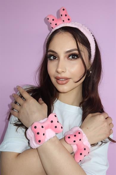 Pembe Renk Kurdele Figürlü Peluş Saç Bandı/ Mandal Toka/ Havlu Bileklik Set