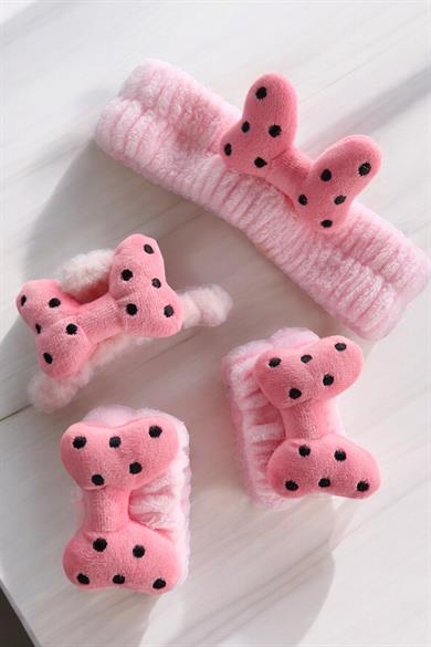 Pembe Renk Kurdele Figürlü Peluş Saç Bandı/ Mandal Toka/ Havlu Bileklik Set