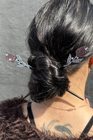 Pembe Renk Lale Figürlü Taş Detaylı İkili Topuz Tokası/ Kalemi