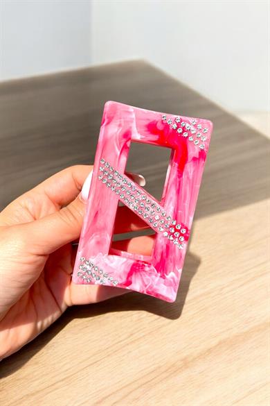 Pembe Renk Mermer Desenli Taş Detaylı Kemik Mandal Toka