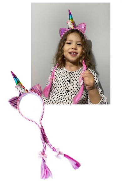 Pembe Renk Örgü Detaylı Karışık Unicorn Figürlü Taç