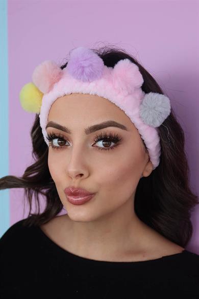 Pembe Renk Ponpon Detaylı Peluş Saç Bandı