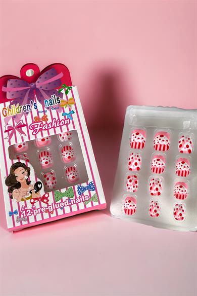 Pembe Renk Puantiye Figürlü Çocuk Takma Tırnak