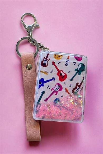 Pembe Renk Simli Gitar Figürlü Cep Aynası/ Anahtarlık