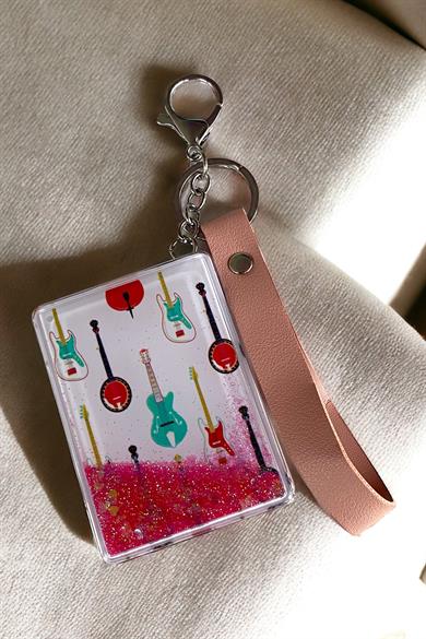 Pembe Renk Simli Gitar Figürlü Cep Aynası/ Anahtarlık