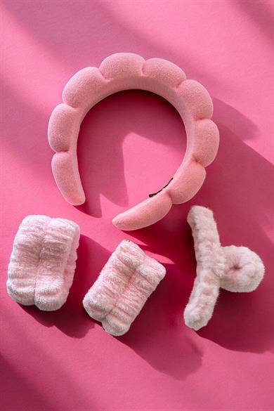 Pembe Renk Spa Taç/ Mandal Toka/ Su Emici Havlu Bileklik Set