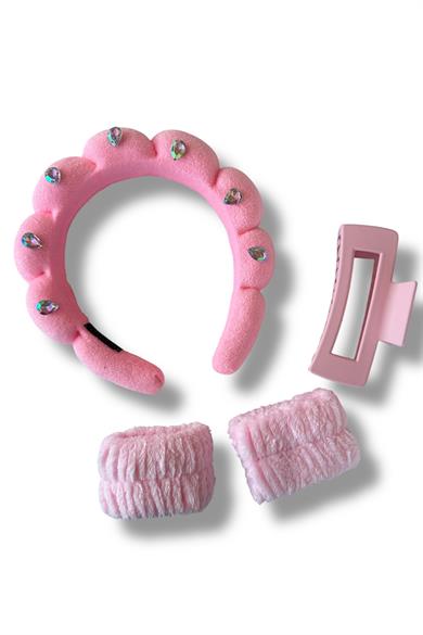 Pembe Renk Taş Detaylı Spa Taç/ Mandal Toka/ Su Emici Havlu Bileklik Set