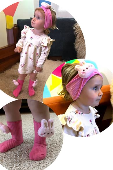 Pembe Renk Tavşan Figürlü Çocuk Saç Bandı Ve Çorap Set