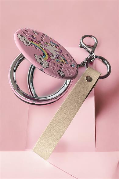 Pembe Renk Unicorn Figürlü Cep Aynası/ Anahtarlık