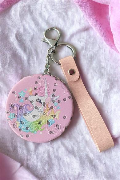 Pembe Renk Unicorn Figürlü Cep Aynası/ Anahtarlık
