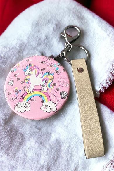Pembe Renk Unicorn Figürlü Cep Aynası/ Anahtarlık