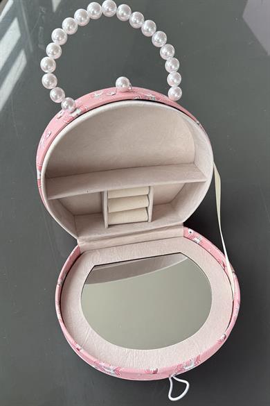 Pembe Renk Unicorn Figürlü İnci Detaylı Çanta Detaylı Takı Kutusu/Organizer