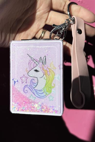 Pembe Renk Unicorn Figürlü Sim Detaylı Cep Aynası/Anahtarlı