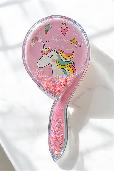 Pembe Renk Unıcorn Figürlü Sim Detaylı Saç Tarama Fırçası/ Tarak