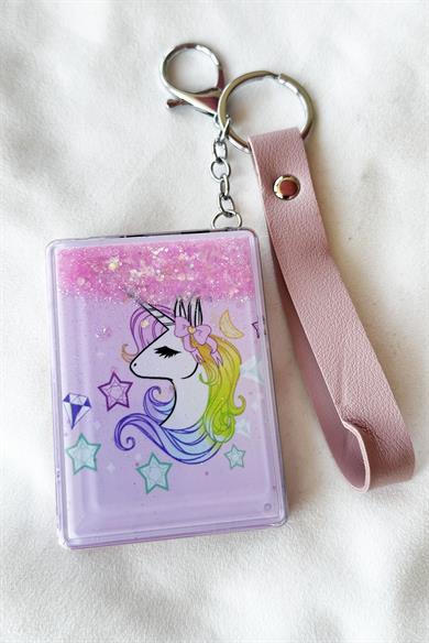 Pembe Renk Unicorn Figürlü Sim Detaylı Cep Aynası/Anahtarlı