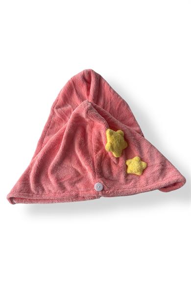 Pembe Renk Yıldız Figürlü Saç Havlusu/ Bonesi Lastikli