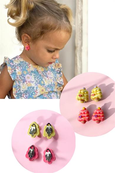 Sarı Ve Pembe Renk Cup Cake Figürlü Çocuk Sıkıştırmalı Küpe