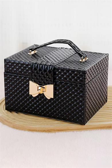 Siyah Renk Ayna Detaylı Çekmeceli Deri Takı Organizeri