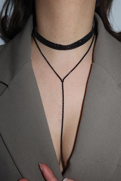 Siyah Renk Beş Sıra Taş Detaylı Choker Kolye/ Vücut Aksesuarı