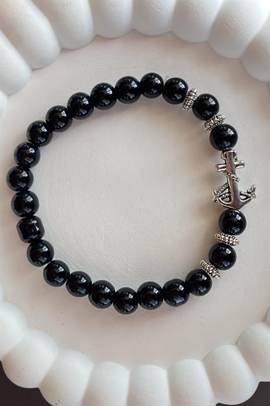 Siyah Renk Boncuk Detaylı Çapa Figürlü Erkek Bileklik 