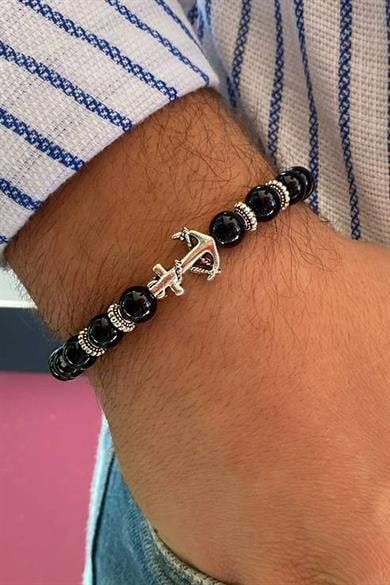 Siyah Renk Boncuk Detaylı Çapa Figürlü Erkek Bileklik 