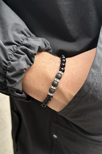 Siyah Renk Boncuk Detaylı Erkek Bileklik 