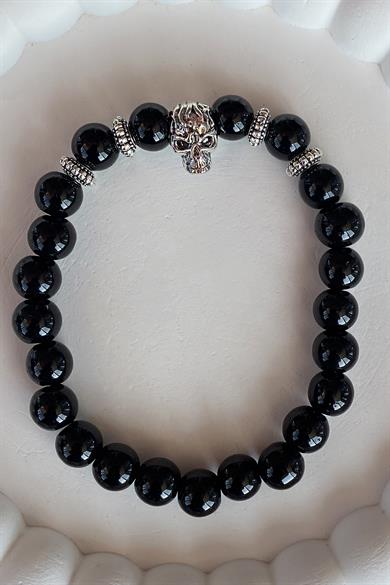 Siyah Renk Boncuk Detaylı Kuru Kafa Figürlü Erkek Bileklik 