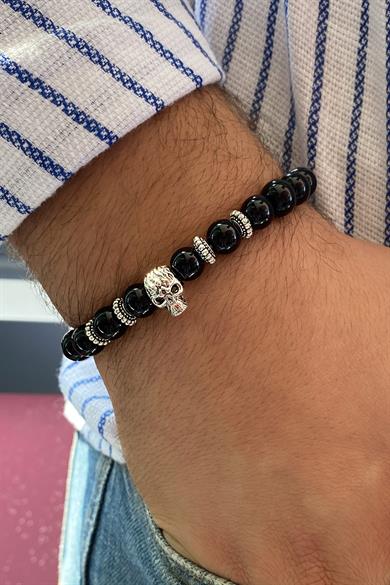 Siyah Renk Boncuk Detaylı Kuru Kafa Figürlü Erkek Bileklik 