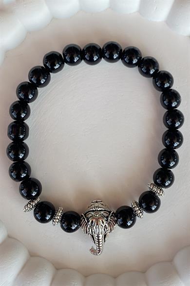 Siyah Renk Boncuk Detaylı Fil Figürlü Erkek Bileklik 