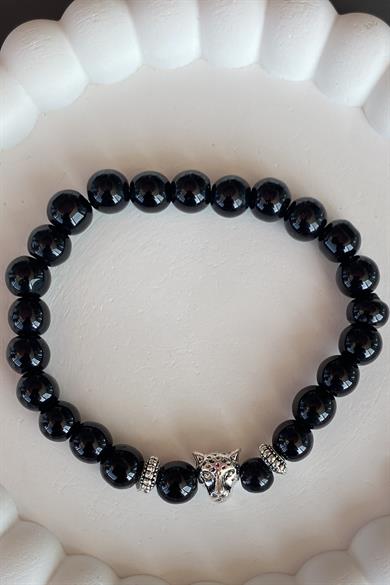 Siyah Renk Boncuk Detaylı Kaplan Figürlü Erkek Bileklik 
