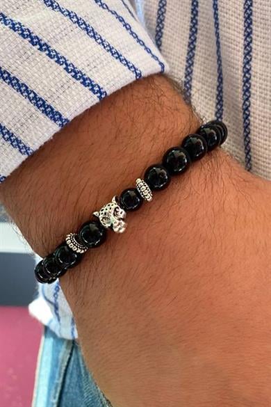 Siyah Renk Boncuk Detaylı Kaplan Figürlü Erkek Bileklik 