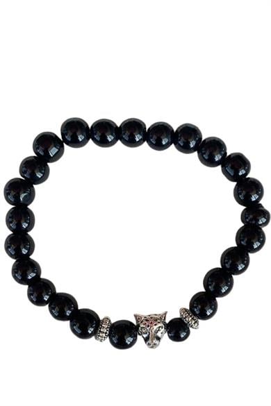 Siyah Renk Boncuk Detaylı Kaplan Figürlü Erkek Bileklik 