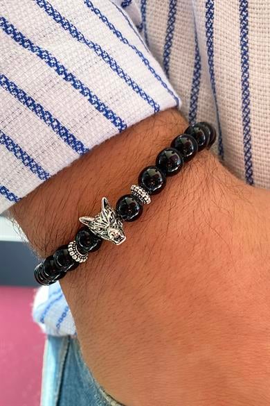 Siyah Renk Boncuk Detaylı Kurt Figürlü Erkek Bileklik 