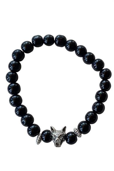 Siyah Renk Boncuk Detaylı Kurt Figürlü Erkek Bileklik 