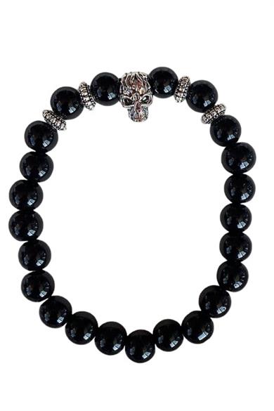 Siyah Renk Boncuk Detaylı Kuru Kafa Figürlü Erkek Bileklik 