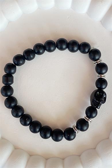 Siyah Renk Boncuk Detaylı Kuru Kafa Figürlü Erkek Bileklik 