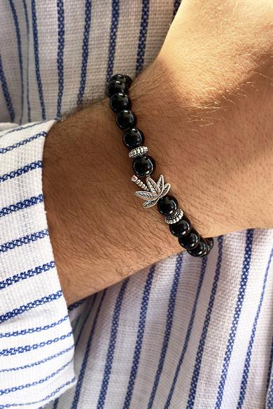 Siyah Renk Boncuk Detaylı Yaprak Figürlü Erkek Bileklik 