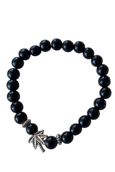 Siyah Renk Boncuk Detaylı Yaprak Figürlü Erkek Bileklik 