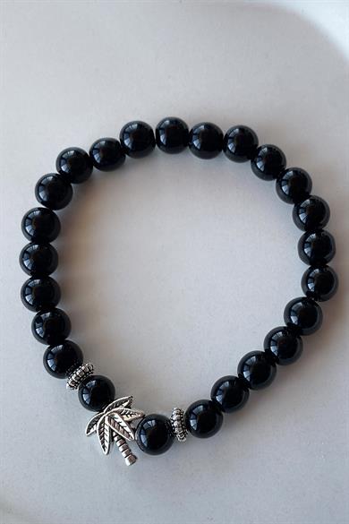 Siyah Renk Boncuk Detaylı Yaprak Figürlü Erkek Bileklik 